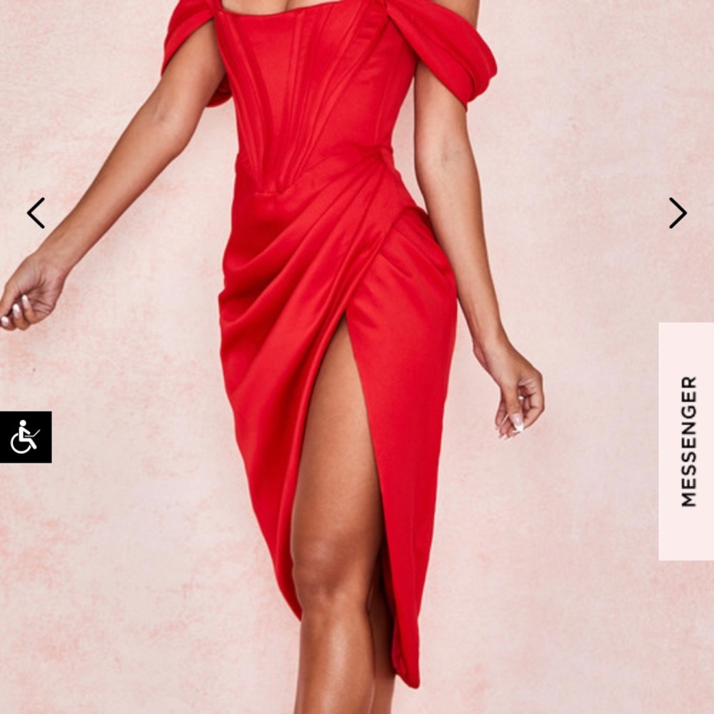 (LORETTA)
RED SATIN OFF SHOULDER DRESS-